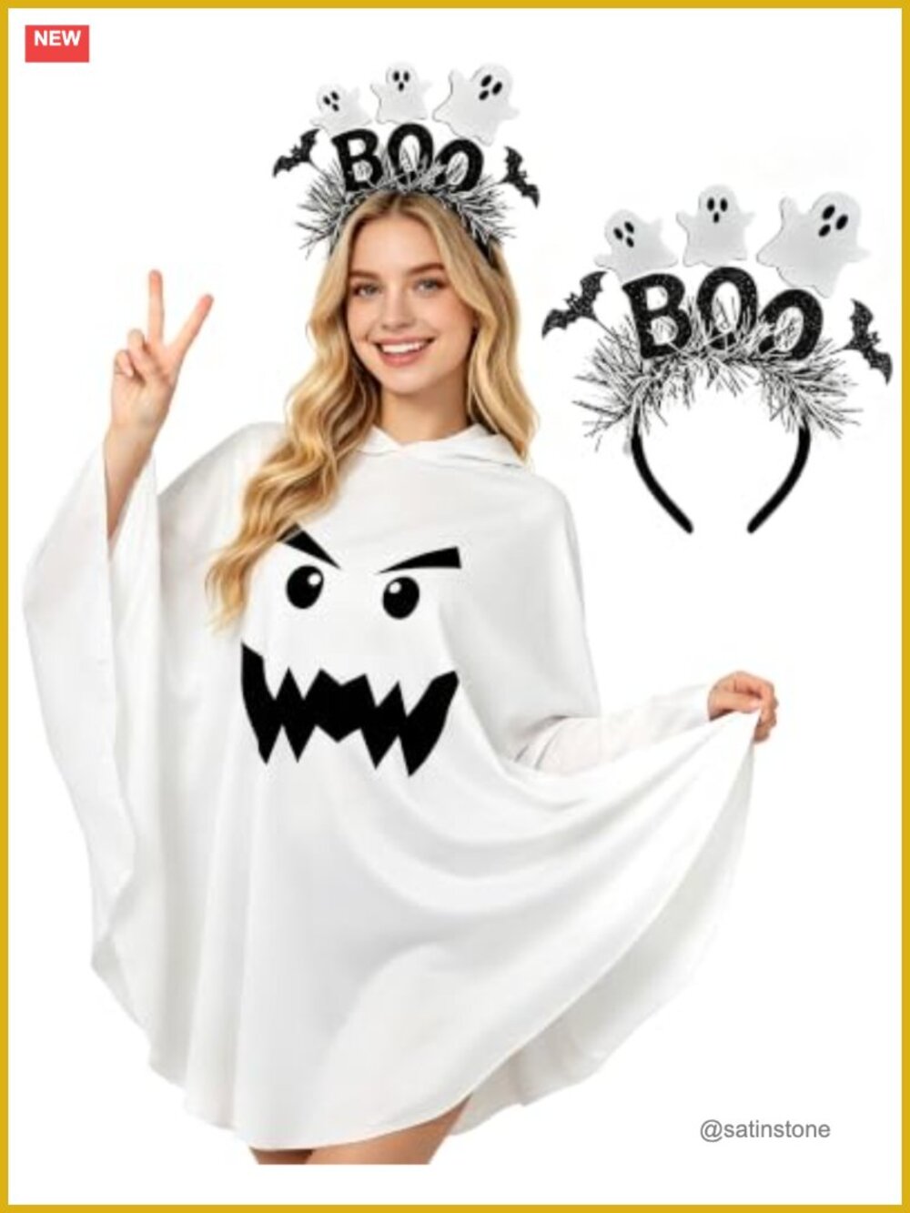 Adult Halloween Ghost Costume 2-Piece Hooded Poncho & Headband Set